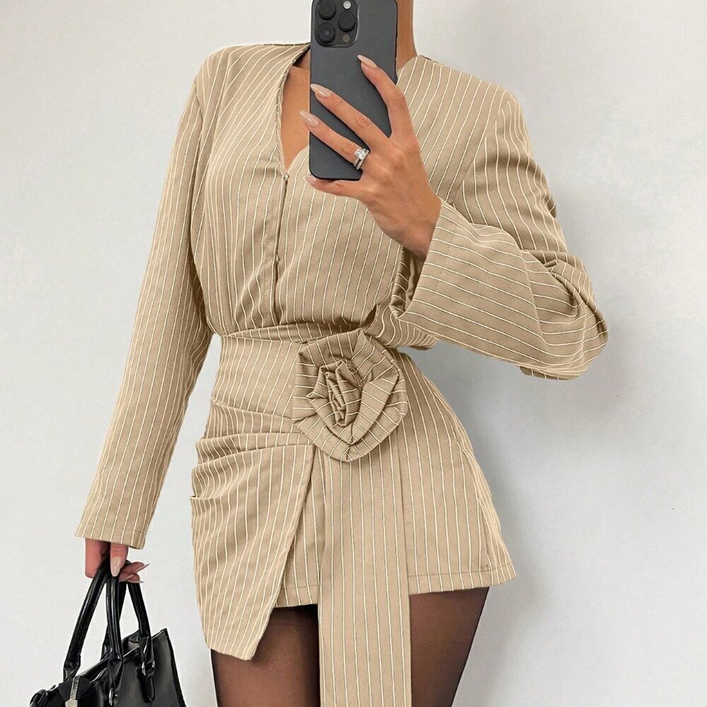 beige Casual Women's 3d Rose striped top & Mini Skirt set